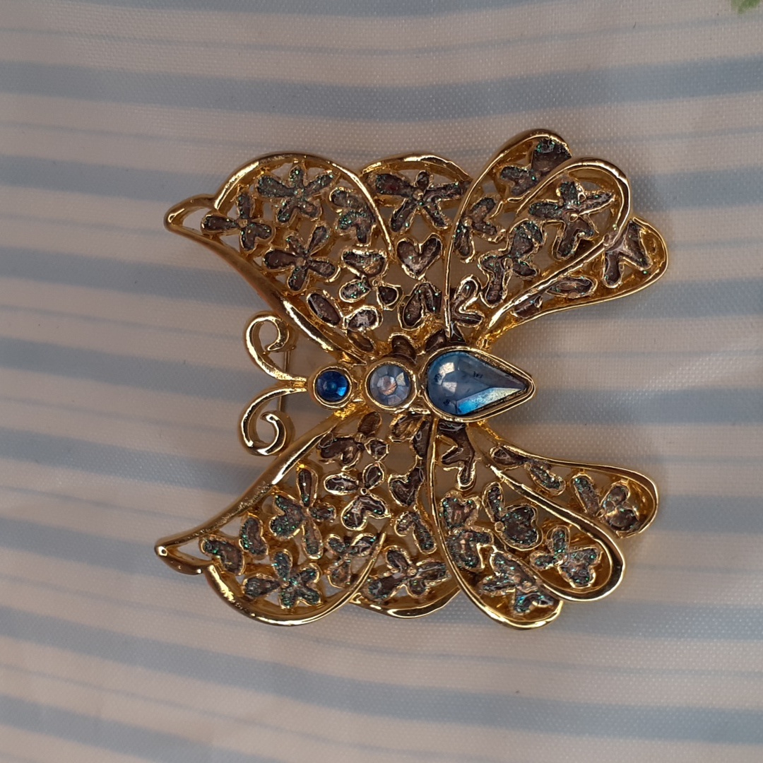 Gold Blue Flower Butterfly Brooch